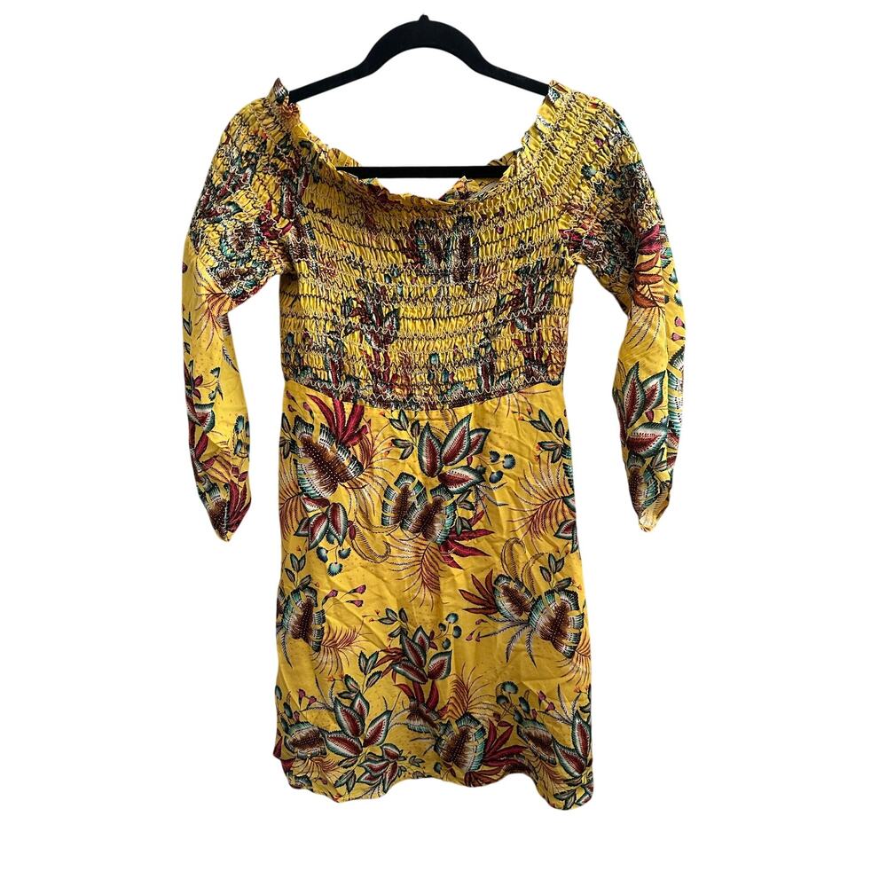 Farm Rio Anthropologie Yellow Floral Smocked Mini Dress Small